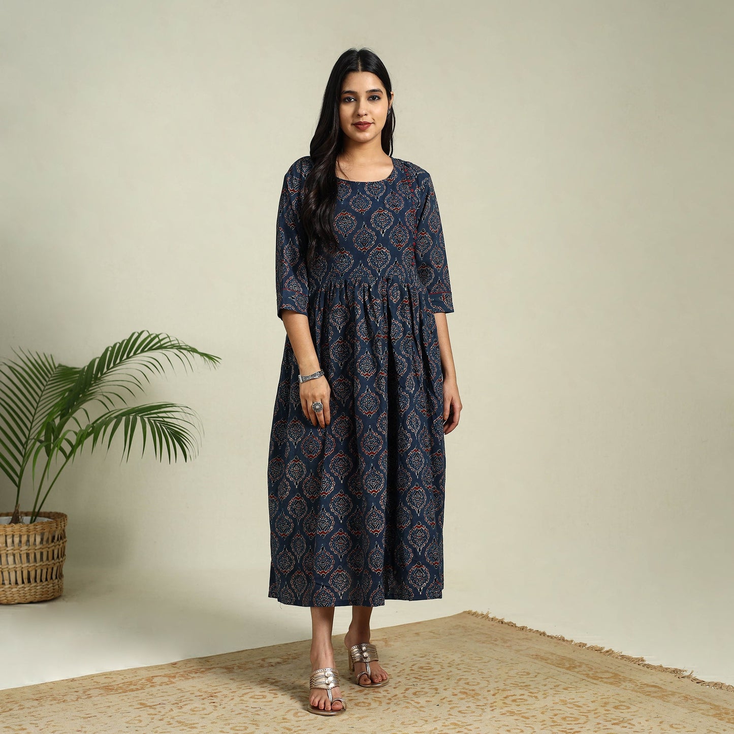 Buy Blue Hand Block Print Cotton Flared Ajrakh Dress