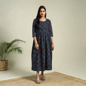 Buy Blue Hand Block Print Cotton Flared Ajrakh Dress