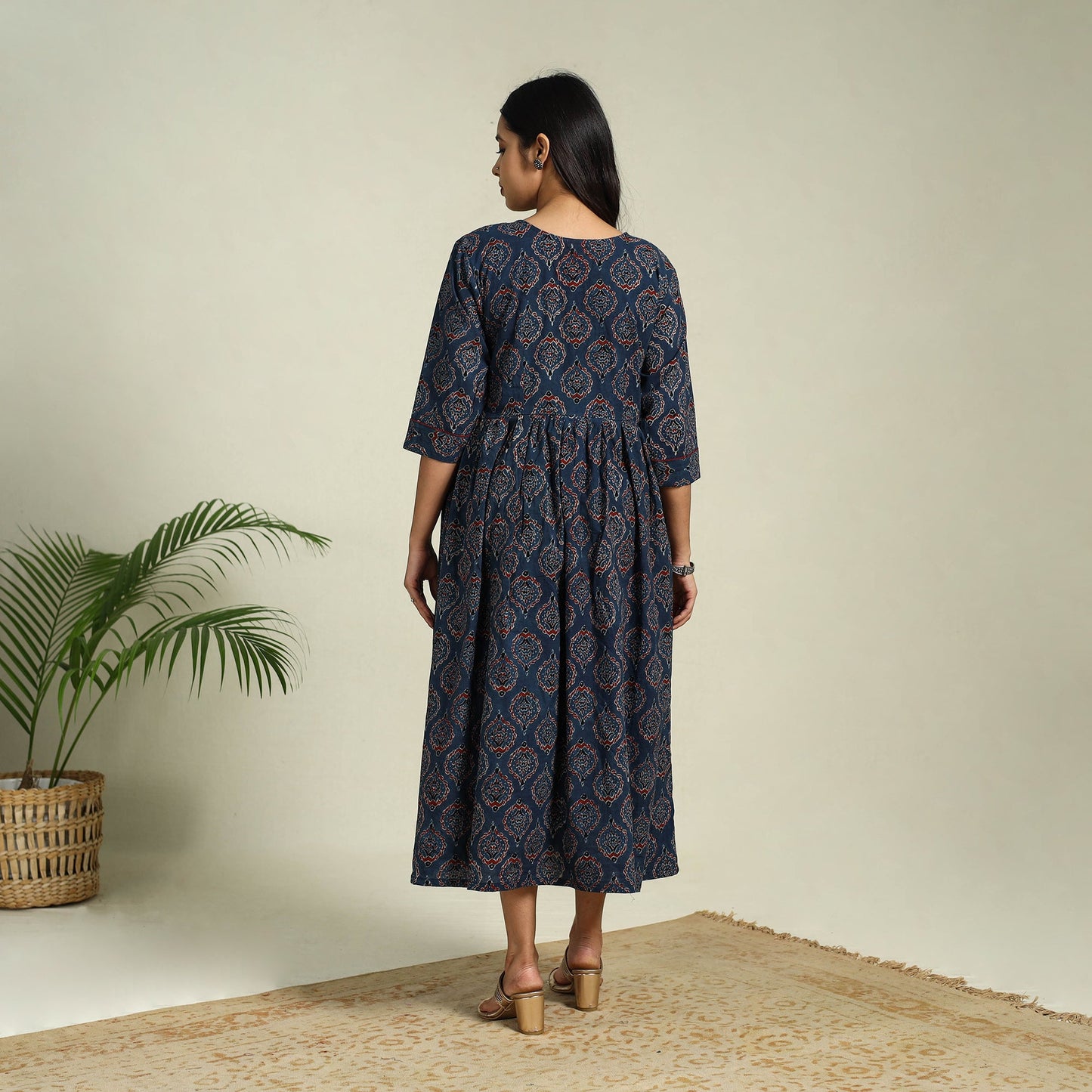 Buy Blue Hand Block Print Cotton Flared Ajrakh Dress