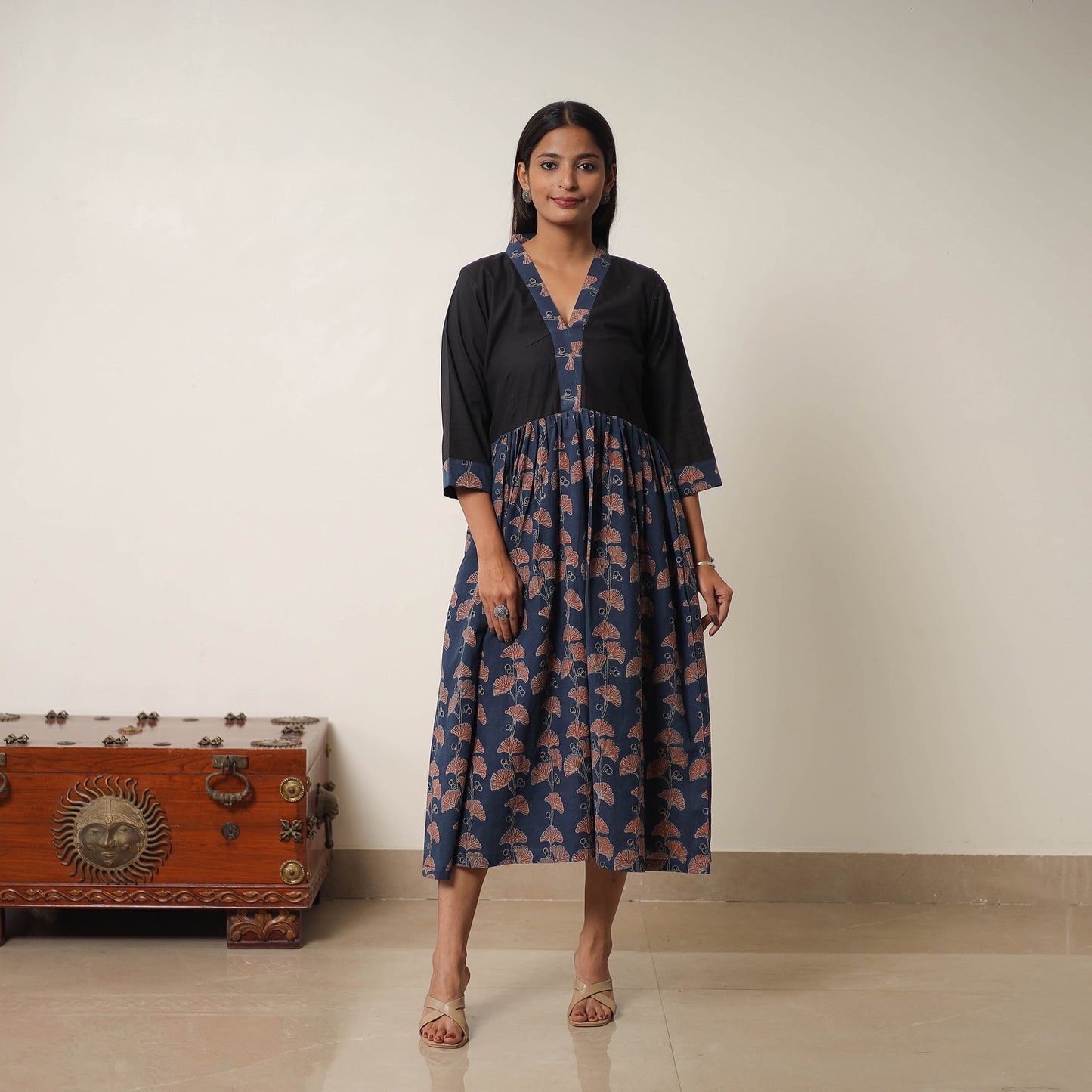 Buy Blue Hand Block Print Cotton Flared Gher Ajrakh Dress