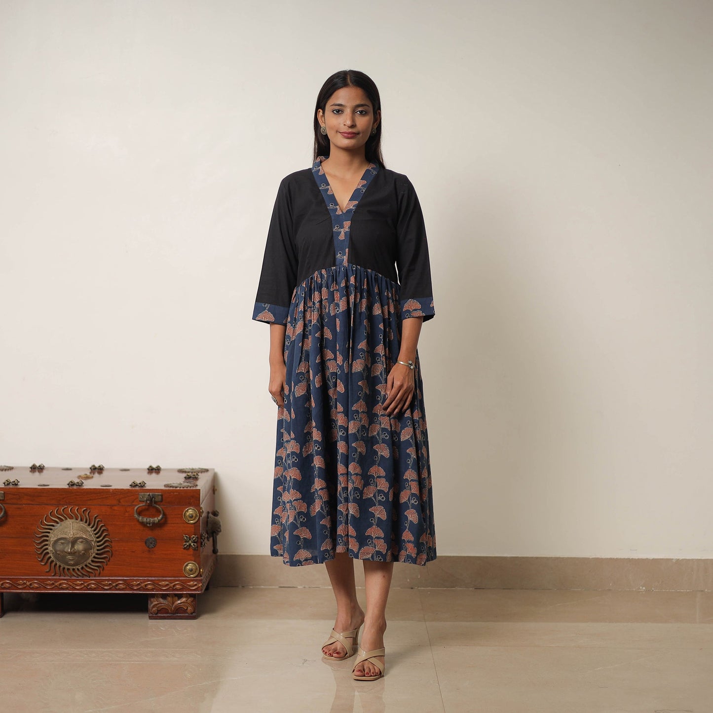 Buy Blue Hand Block Print Cotton Flared Gher Ajrakh Dress