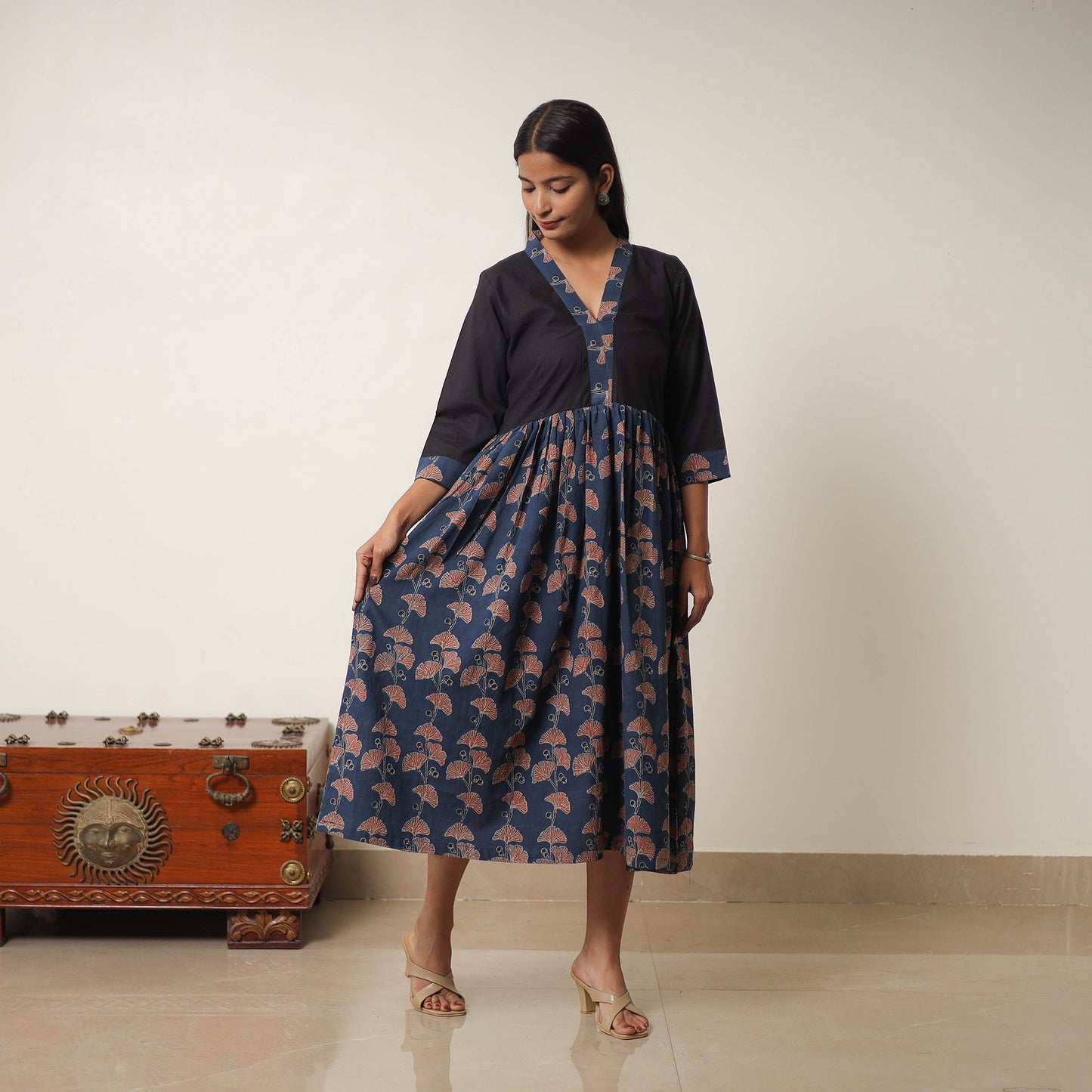 Buy Blue Hand Block Print Cotton Flared Gher Ajrakh Dress