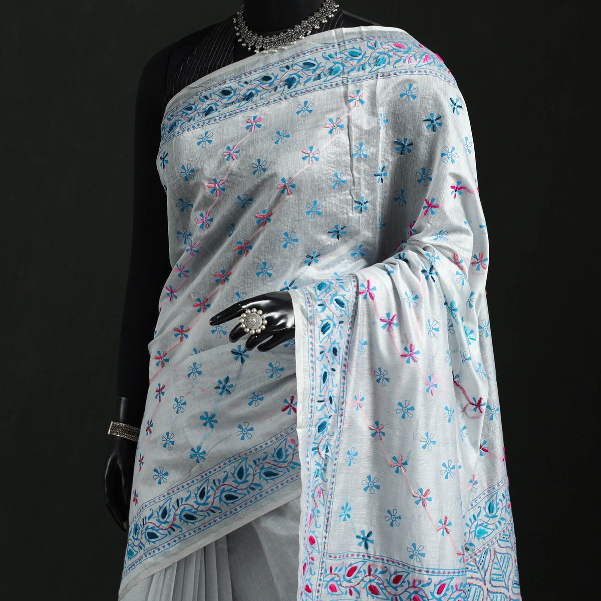 Hand embroidered chanderi silk chapa work phulkari saree 07