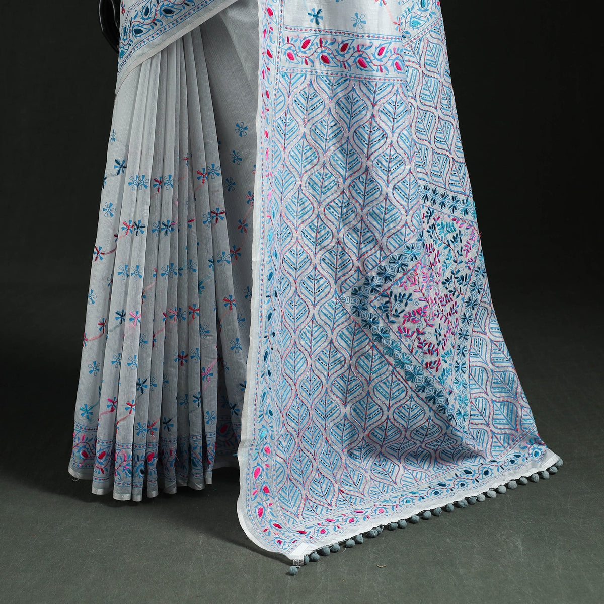 Hand embroidered chanderi silk chapa work phulkari saree 07