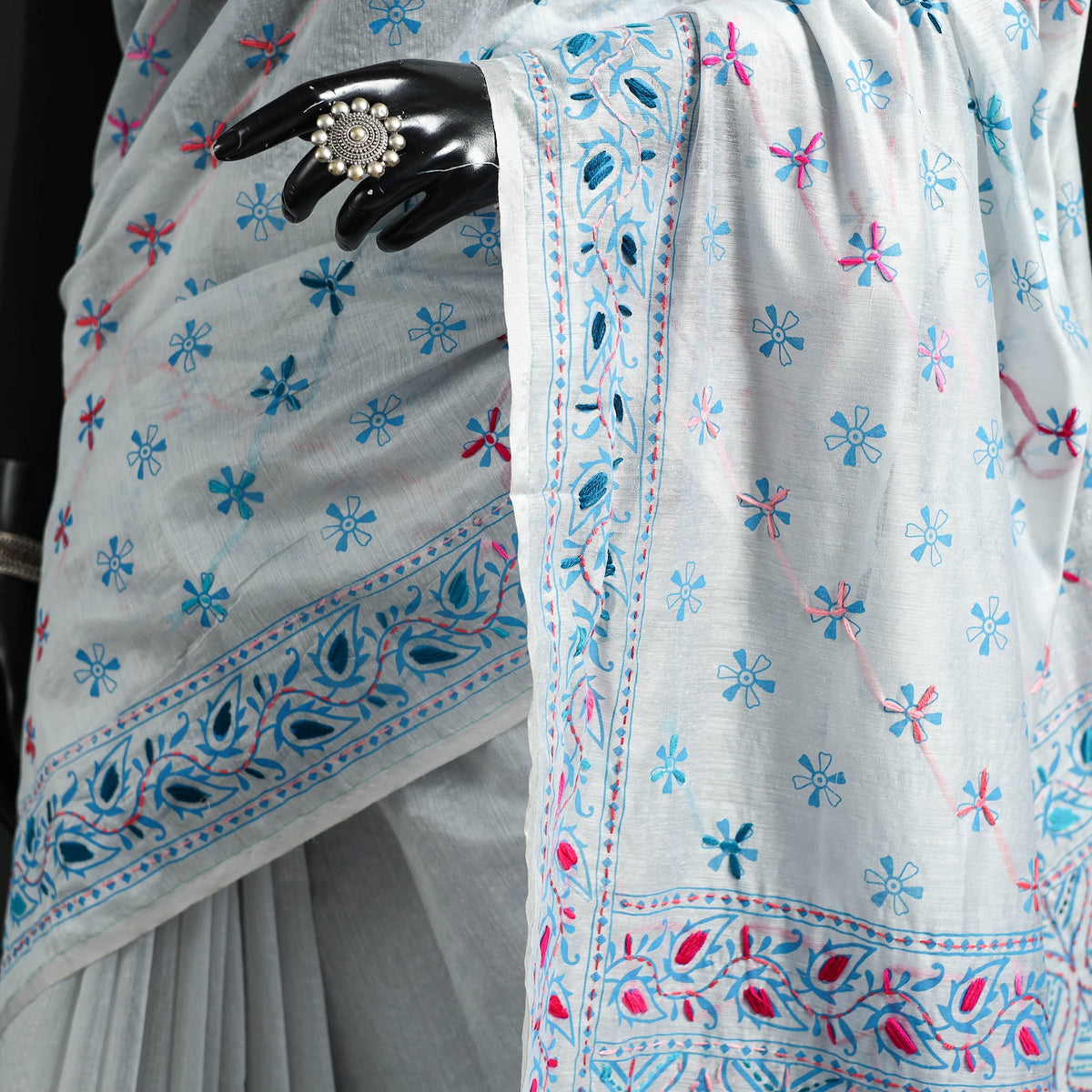 Hand embroidered chanderi silk chapa work phulkari saree 07