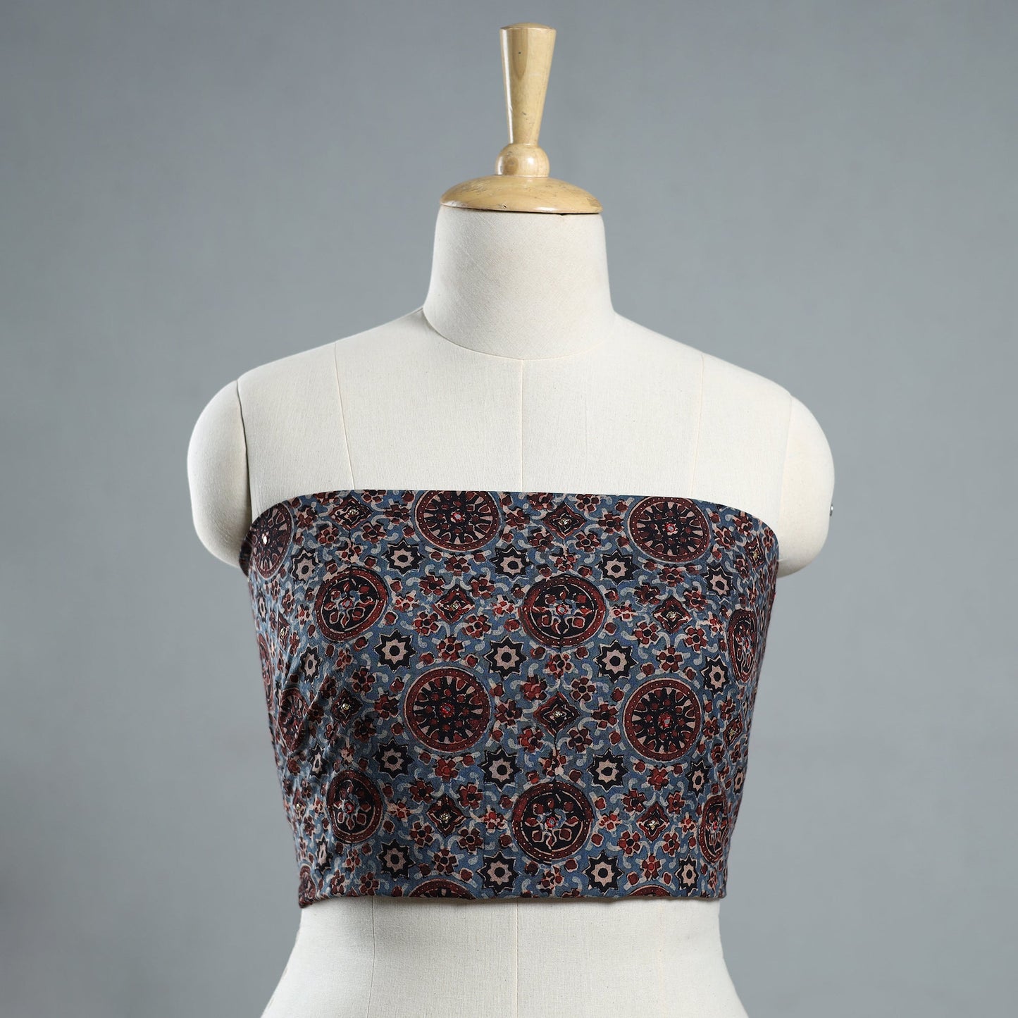 Blue - Hand Embroidered Ajrakh Cotton Blouse Piece 06