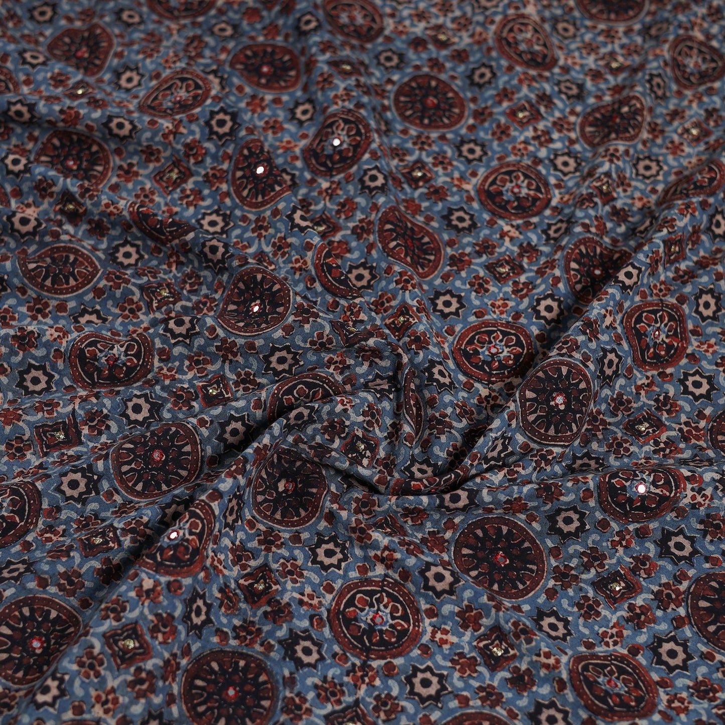 Blue - Hand Embroidered Ajrakh Cotton Blouse Piece 06