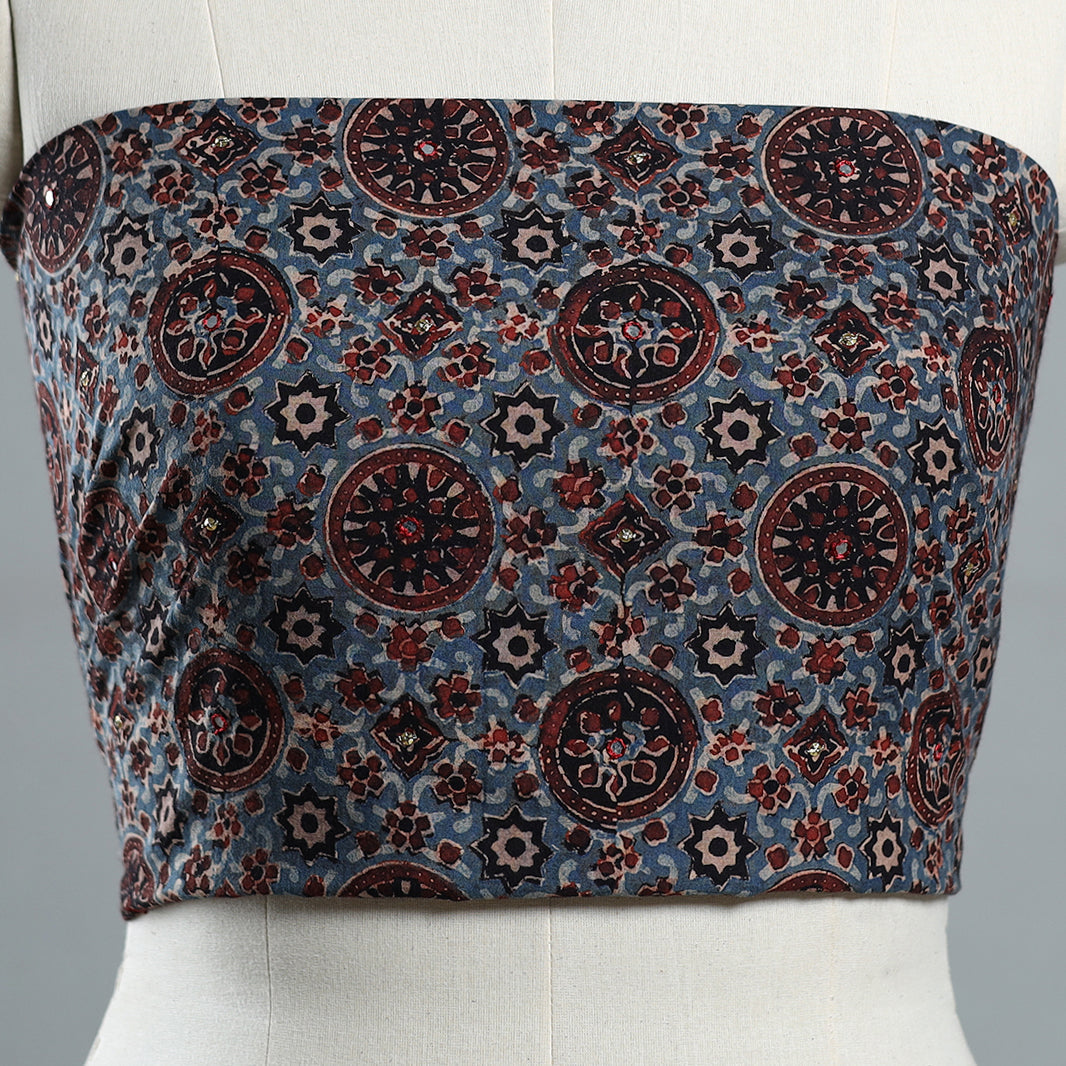 Blue - Hand Embroidered Ajrakh Cotton Blouse Piece 06