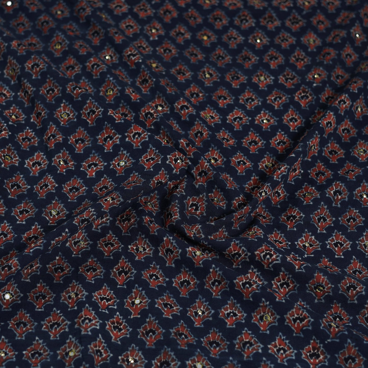 Blue - Hand Embroidered Ajrakh Cotton Blouse Piece 08