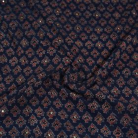 Blue - Hand Embroidered Ajrakh Cotton Blouse Piece 08