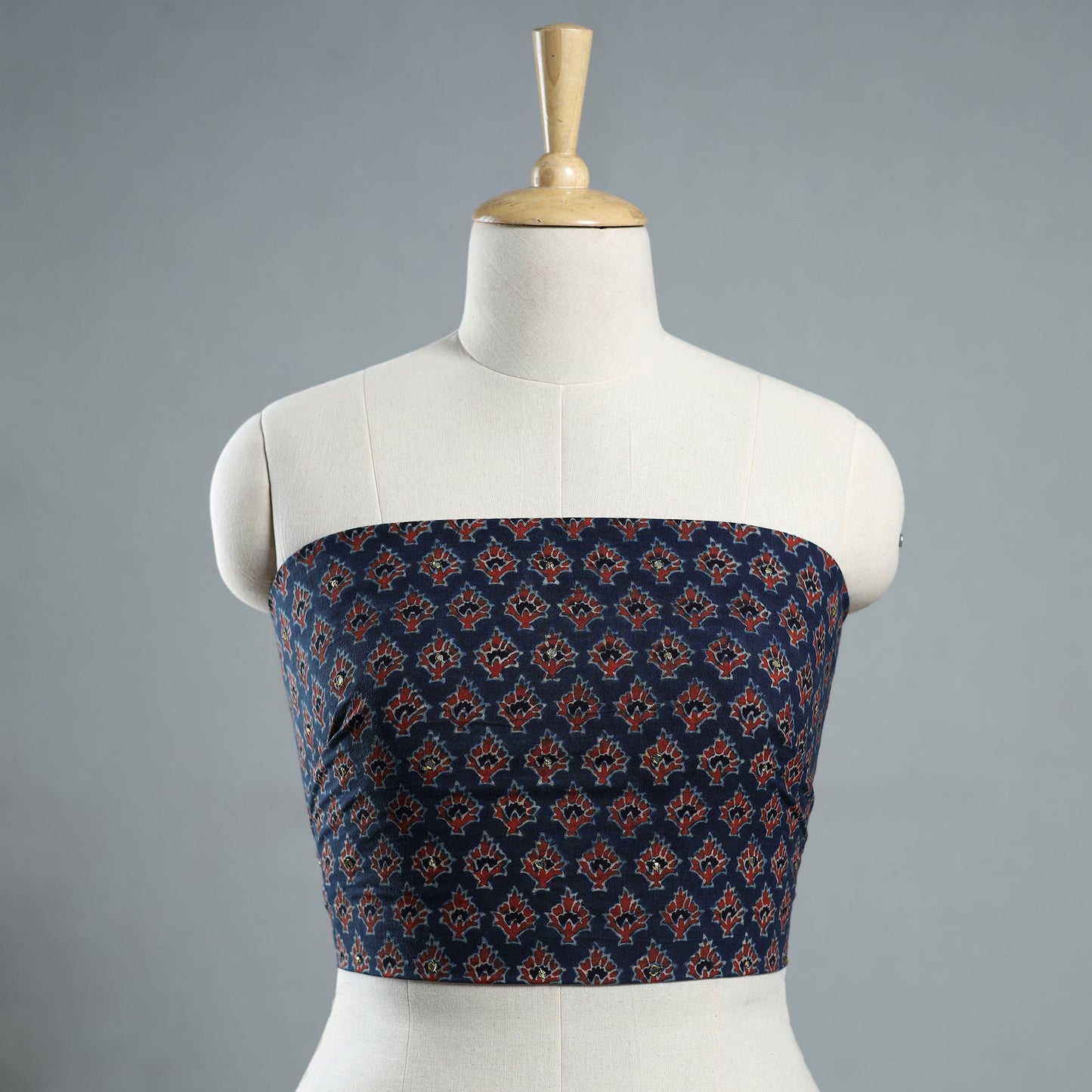 Blue - Hand Embroidered Ajrakh Cotton Blouse Piece 08