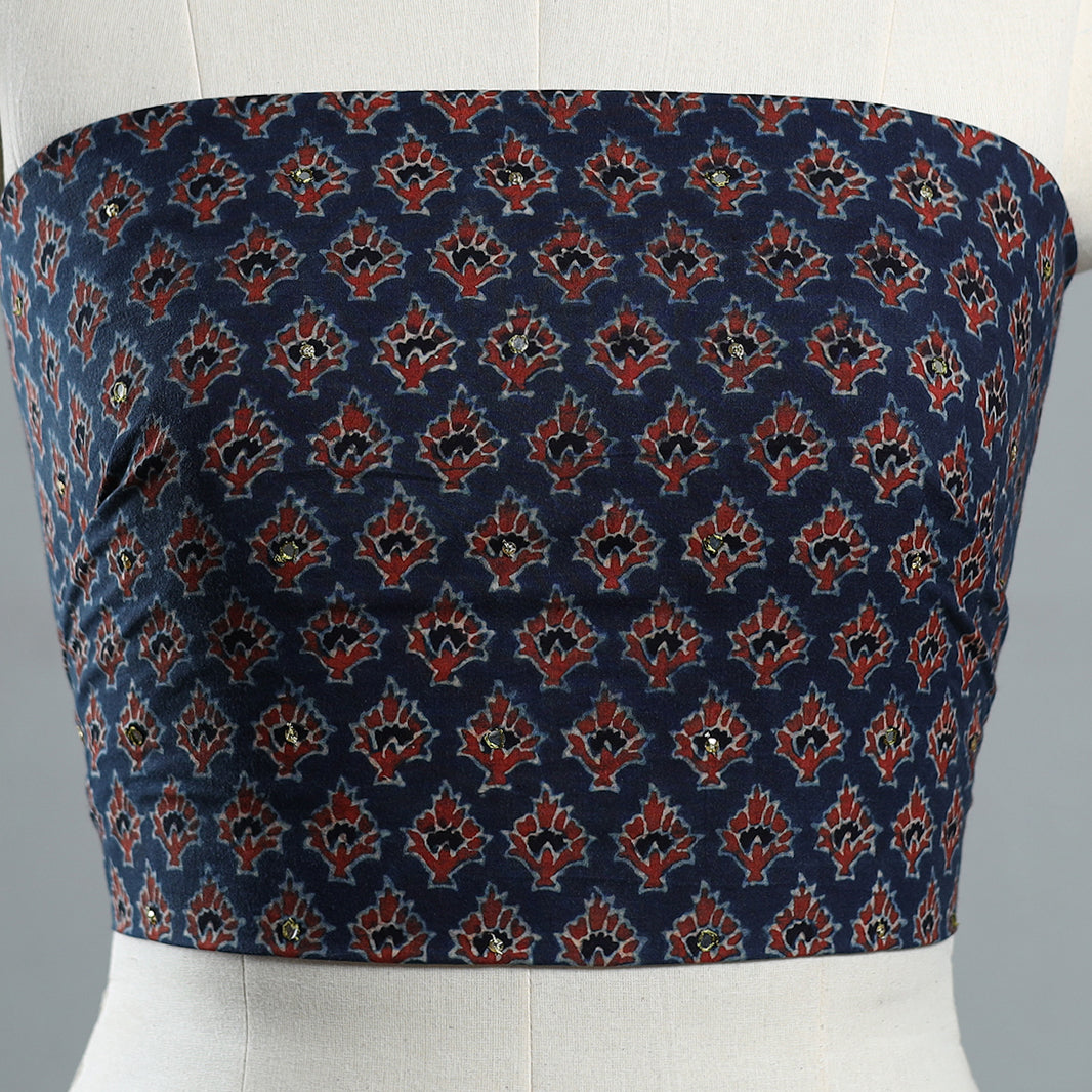 Blue - Hand Embroidered Ajrakh Cotton Blouse Piece 08