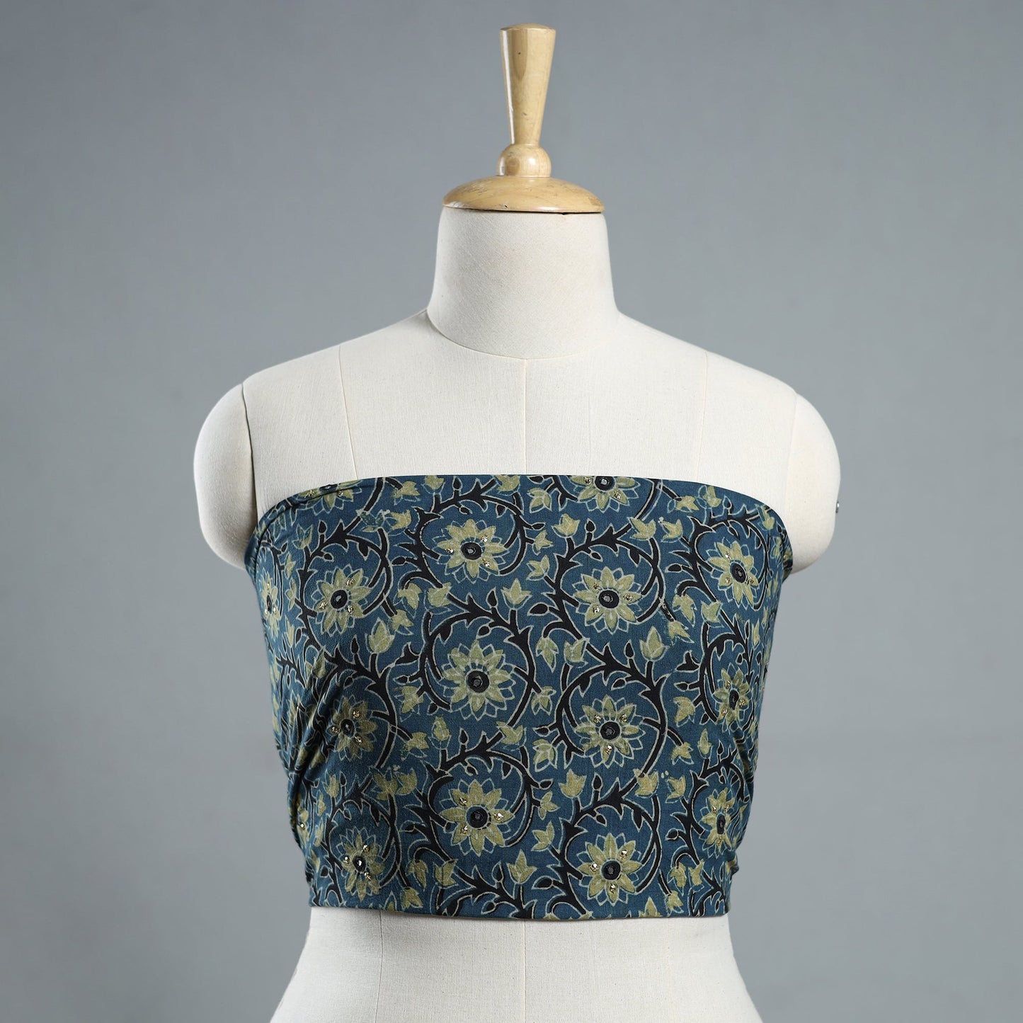 Blue - Hand Embroidered Ajrakh Cotton Blouse Piece 10