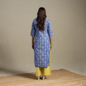 Blue - hand embroidered cotton straight pochampally ikat