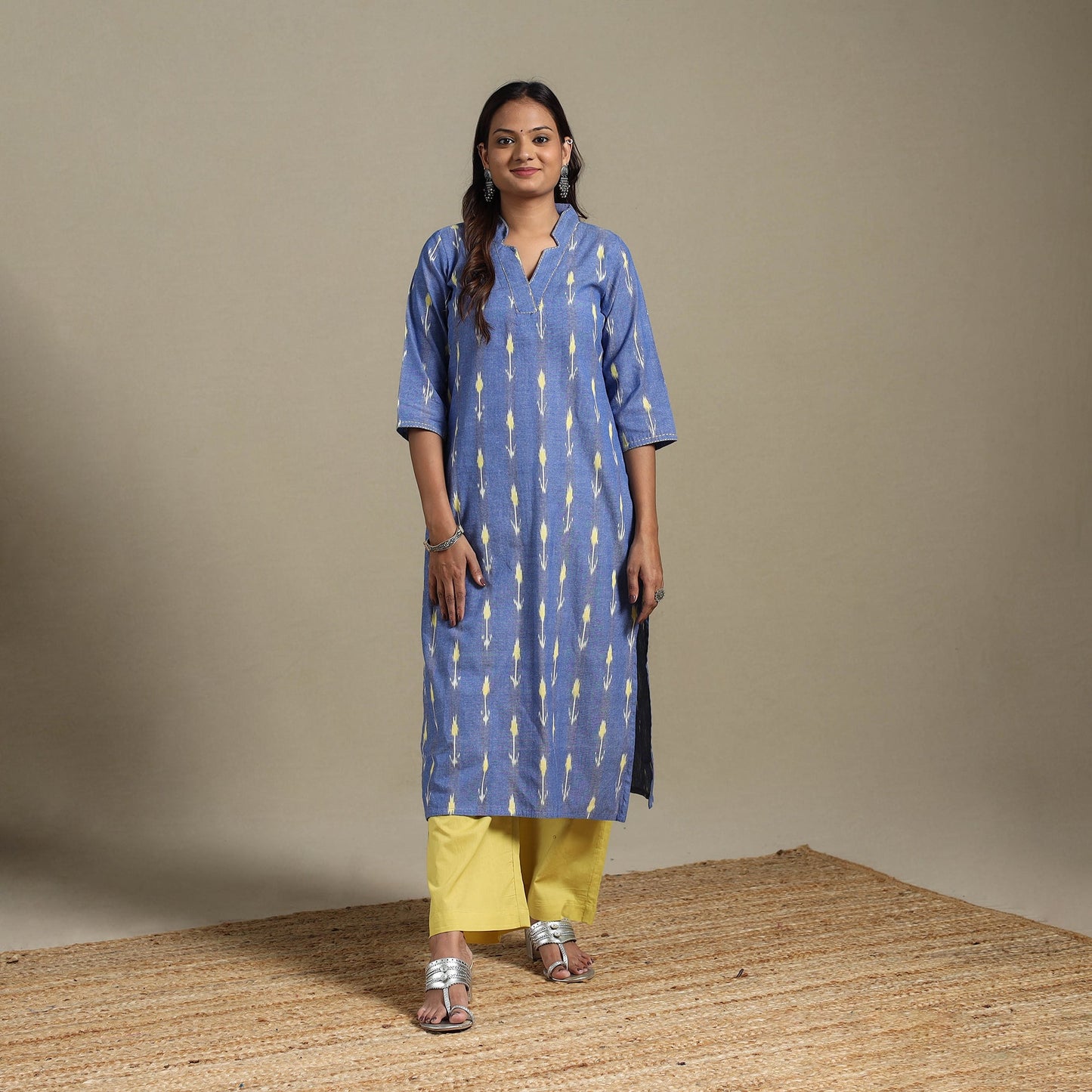 Blue - hand embroidered cotton straight pochampally ikat