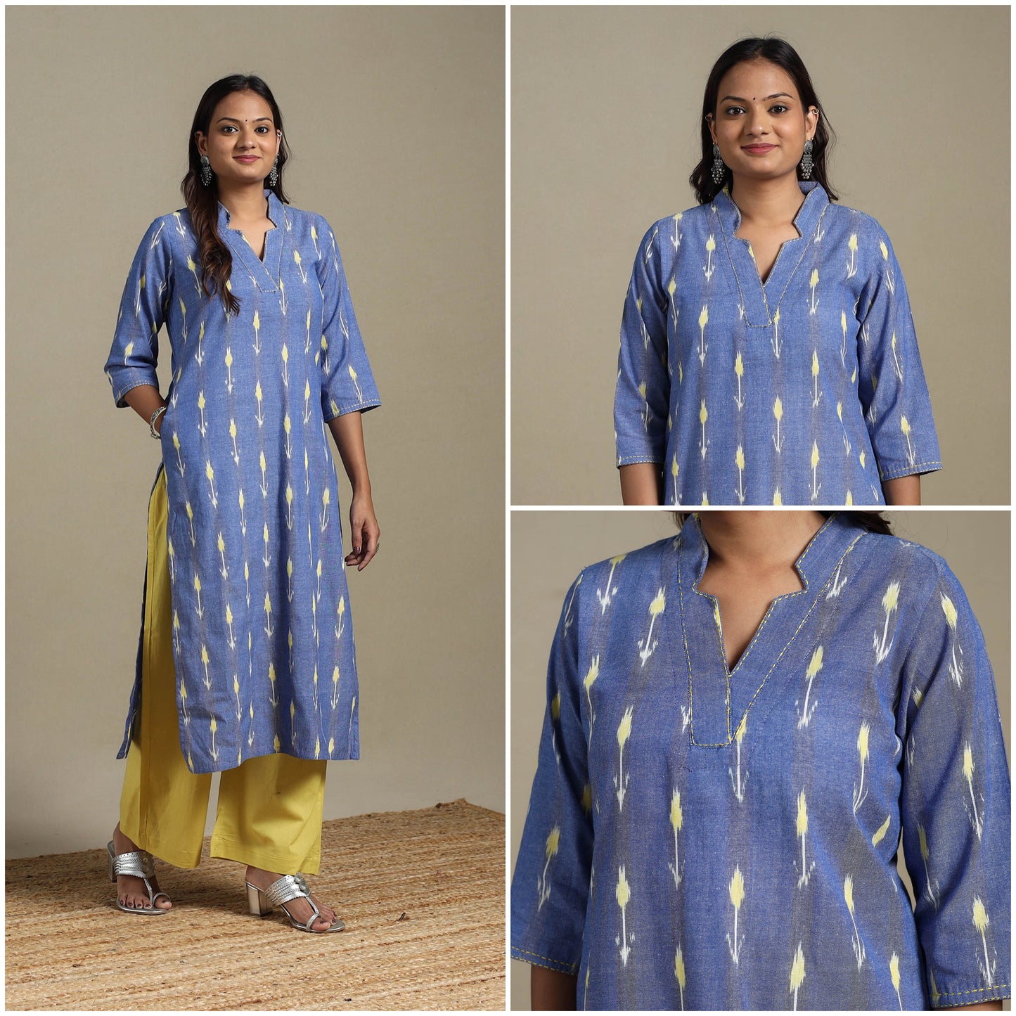 Blue - hand embroidered cotton straight pochampally ikat