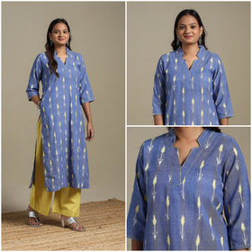 Blue - hand embroidered cotton straight pochampally ikat
