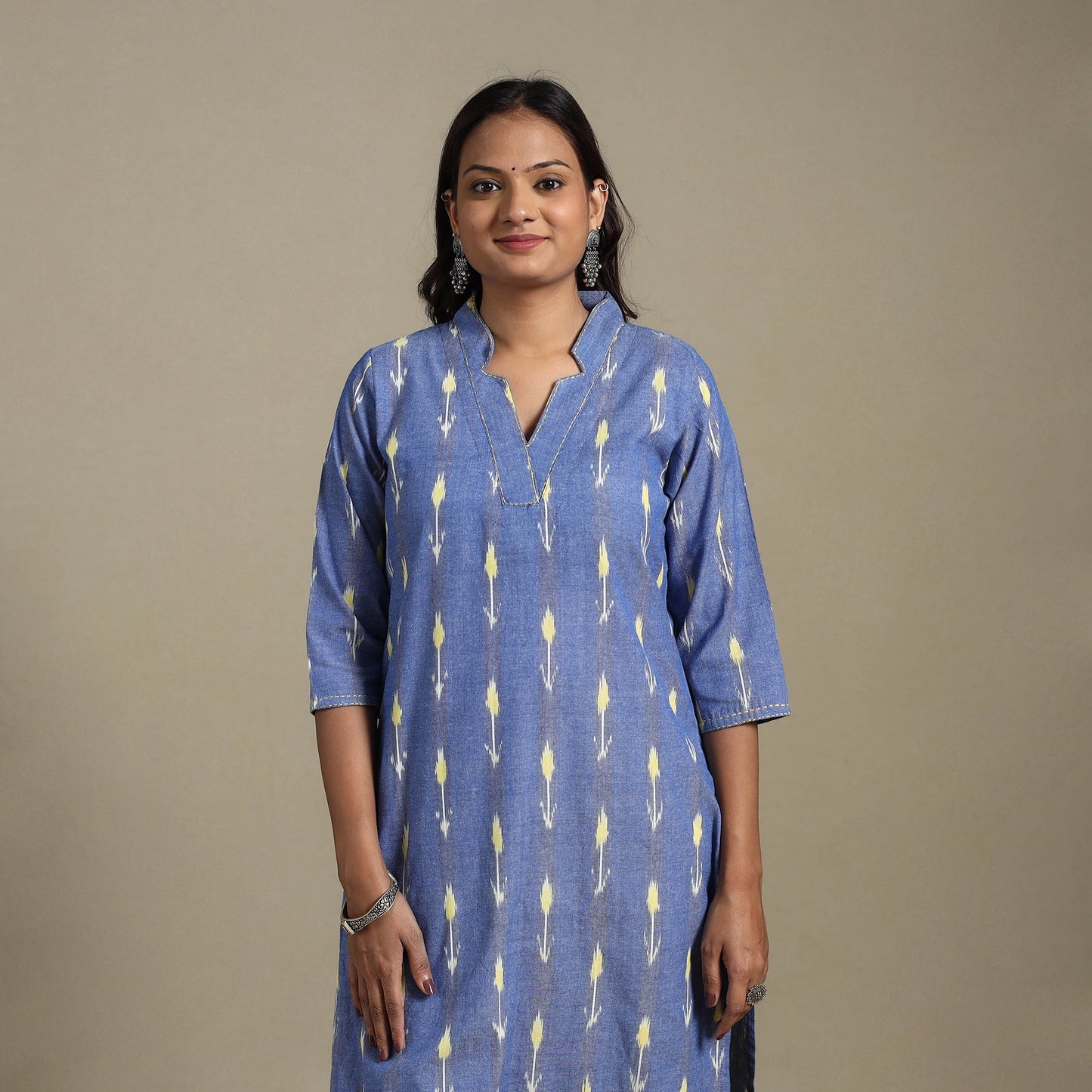 Blue - hand embroidered cotton straight pochampally ikat
