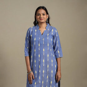 Blue - hand embroidered cotton straight pochampally ikat