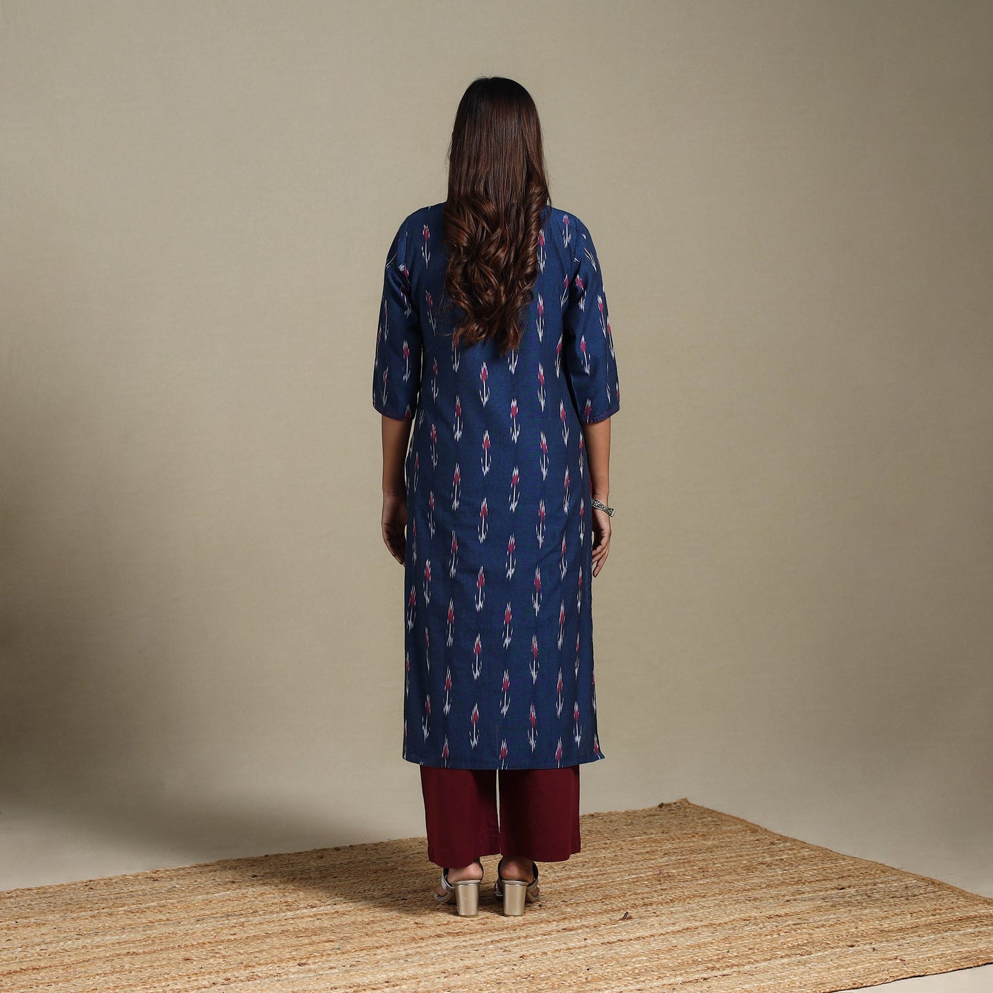Blue - hand embroidered cotton straight pochampally ikat