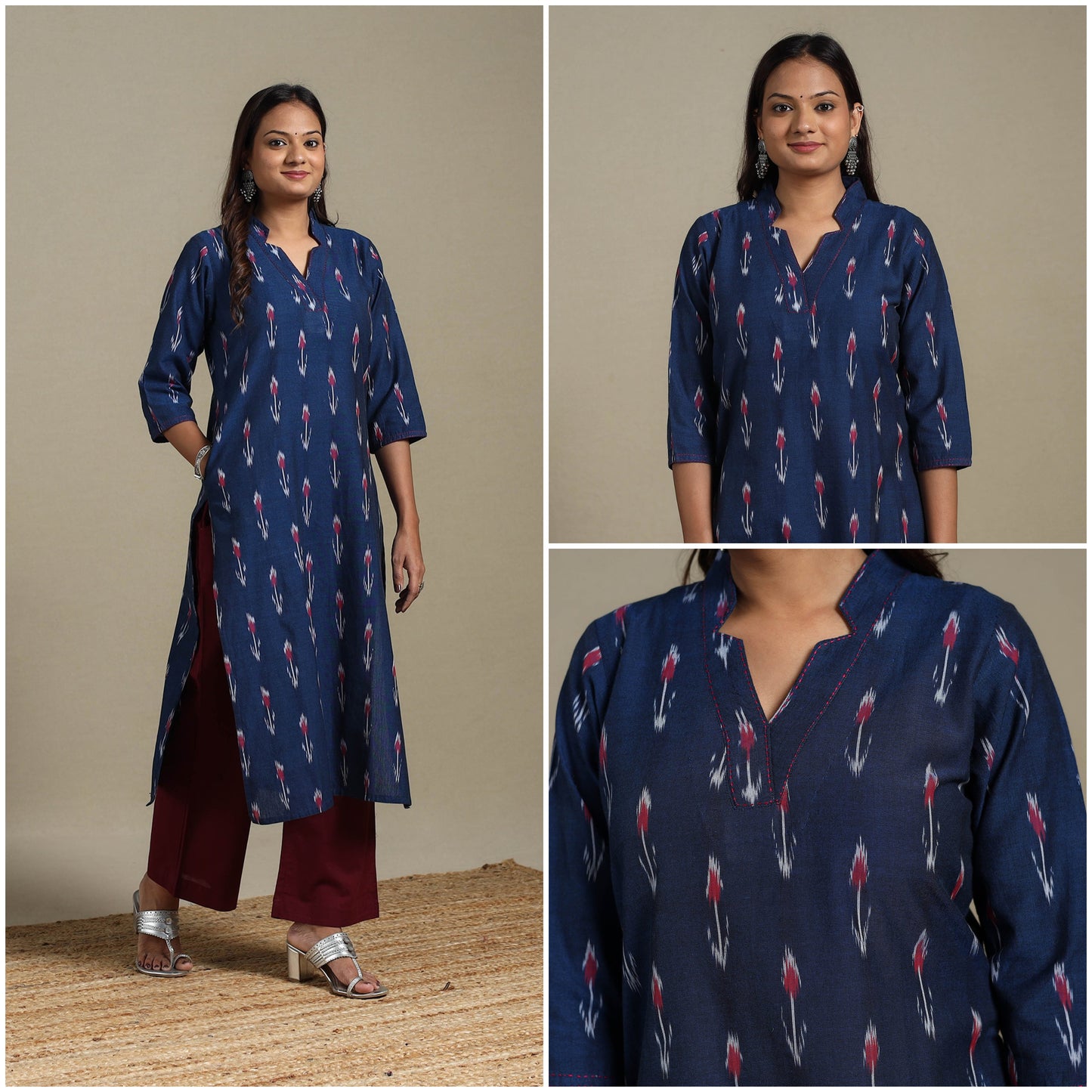 Blue - hand embroidered cotton straight pochampally ikat