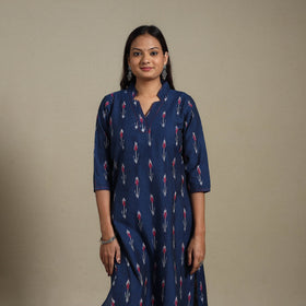 Blue - hand embroidered cotton straight pochampally ikat