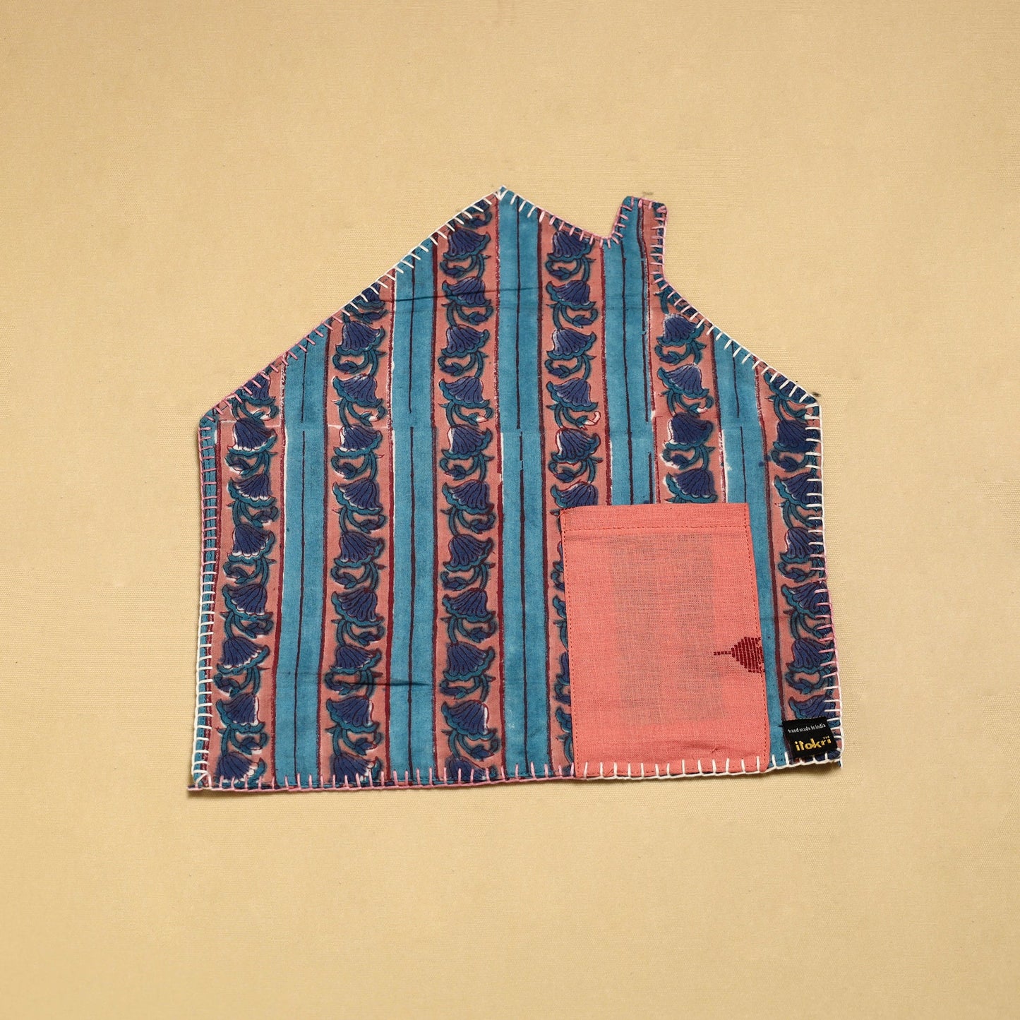  Blue Hand Embroidered Floral Pot Holder with Pocket 