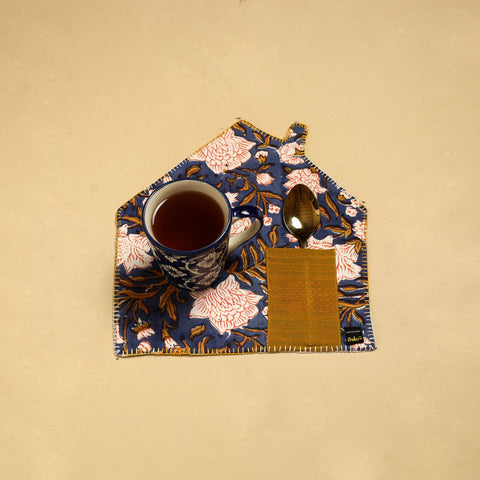  Blue Hand Embroidered Floral Pot Holder with Pocket 