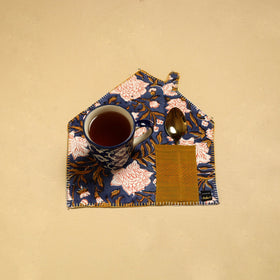  Blue Hand Embroidered Floral Pot Holder with Pocket 