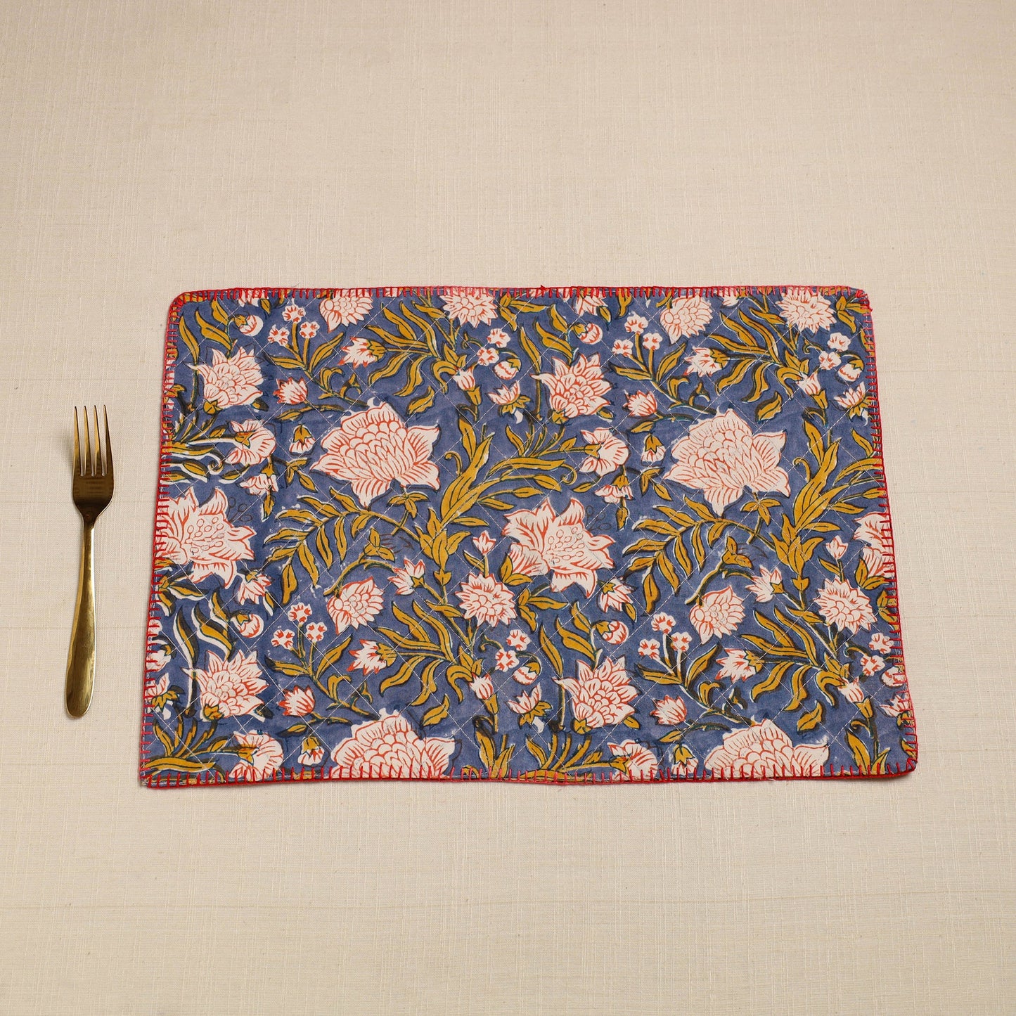  Blue Hand Embroidered Floral Cotton Reversible Table Mat