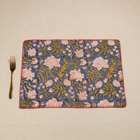  Blue Hand Embroidered Floral Cotton Reversible Table Mat
