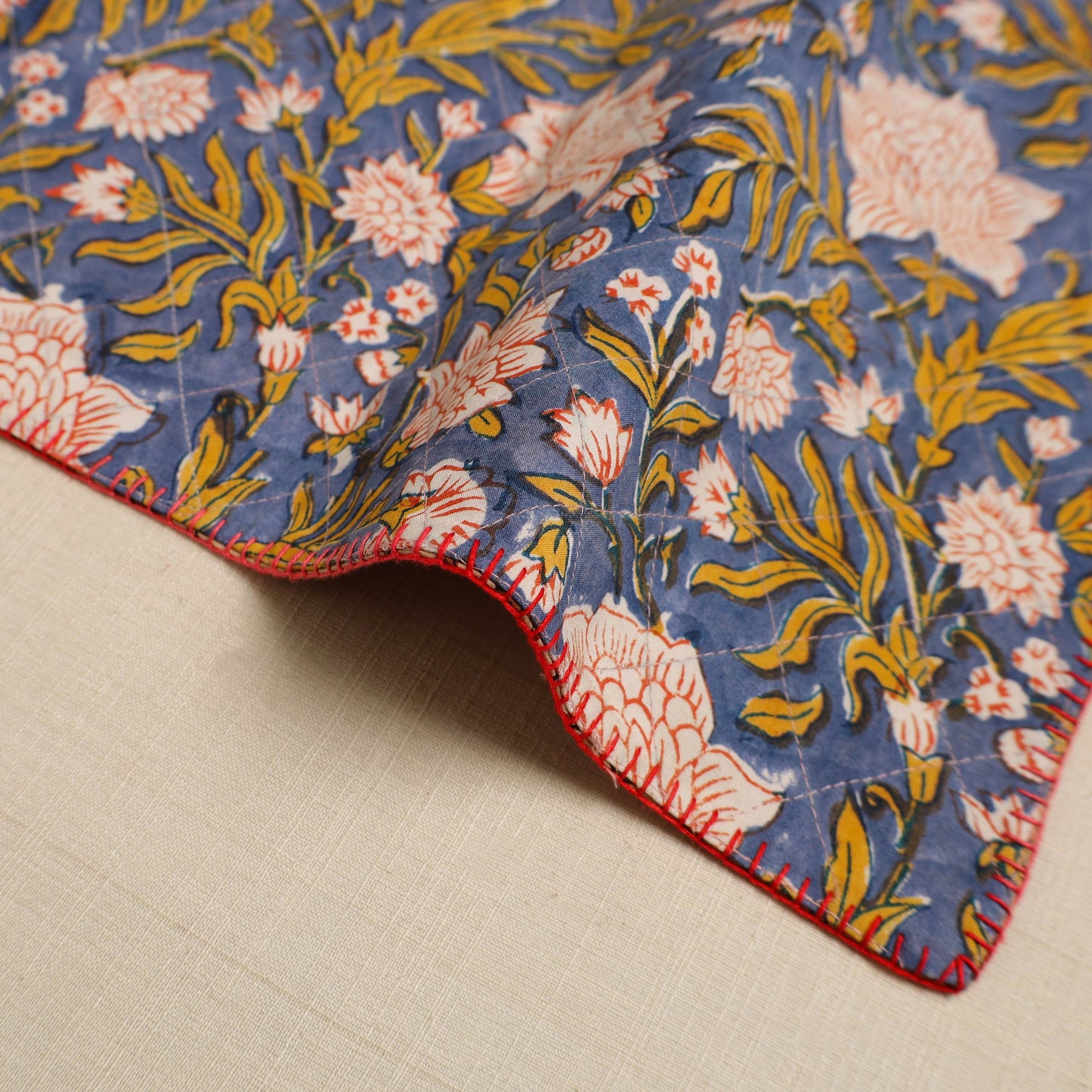  Blue Hand Embroidered Floral Cotton Reversible Table Mat