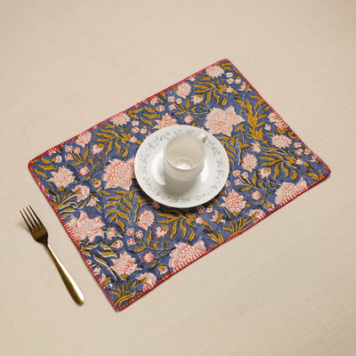  Blue Hand Embroidered Floral Cotton Reversible Table Mat