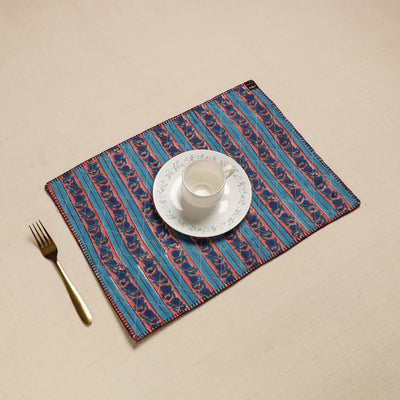  Blue Hand Embroidered Floral Cotton Reversible Table Mat