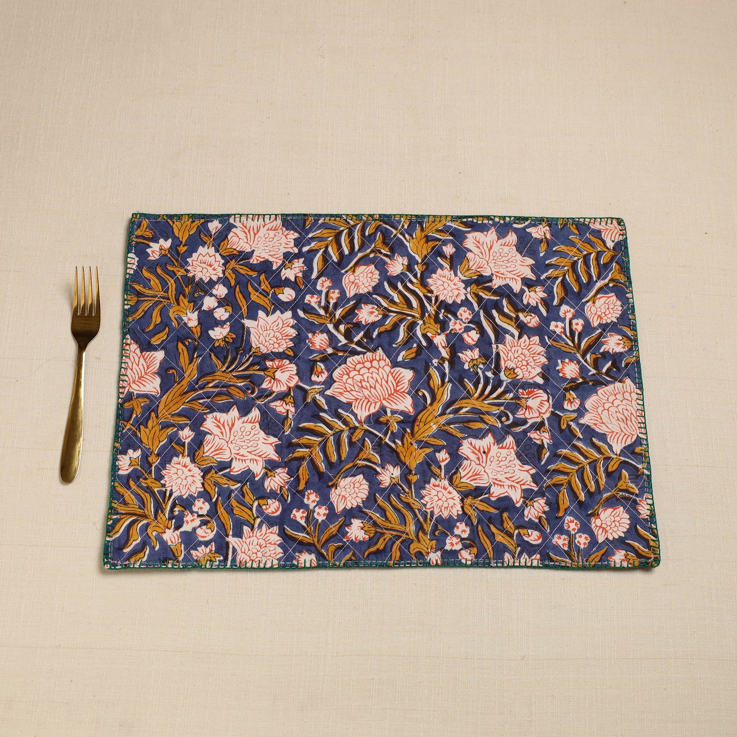  Blue Hand Embroidered Floral Cotton Reversible Table Mat
