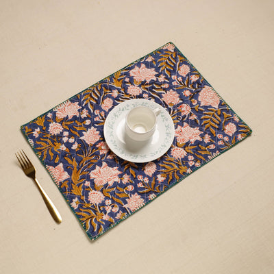  Blue Hand Embroidered Floral Cotton Reversible Table Mat