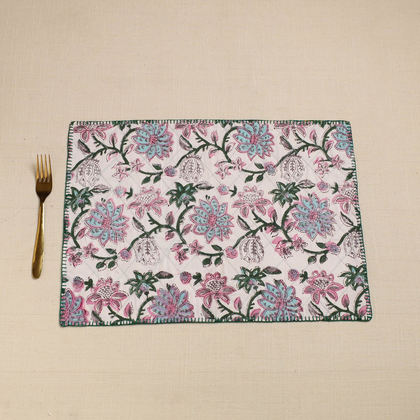  Blue Hand Embroidered Floral Cotton Reversible Table Mat