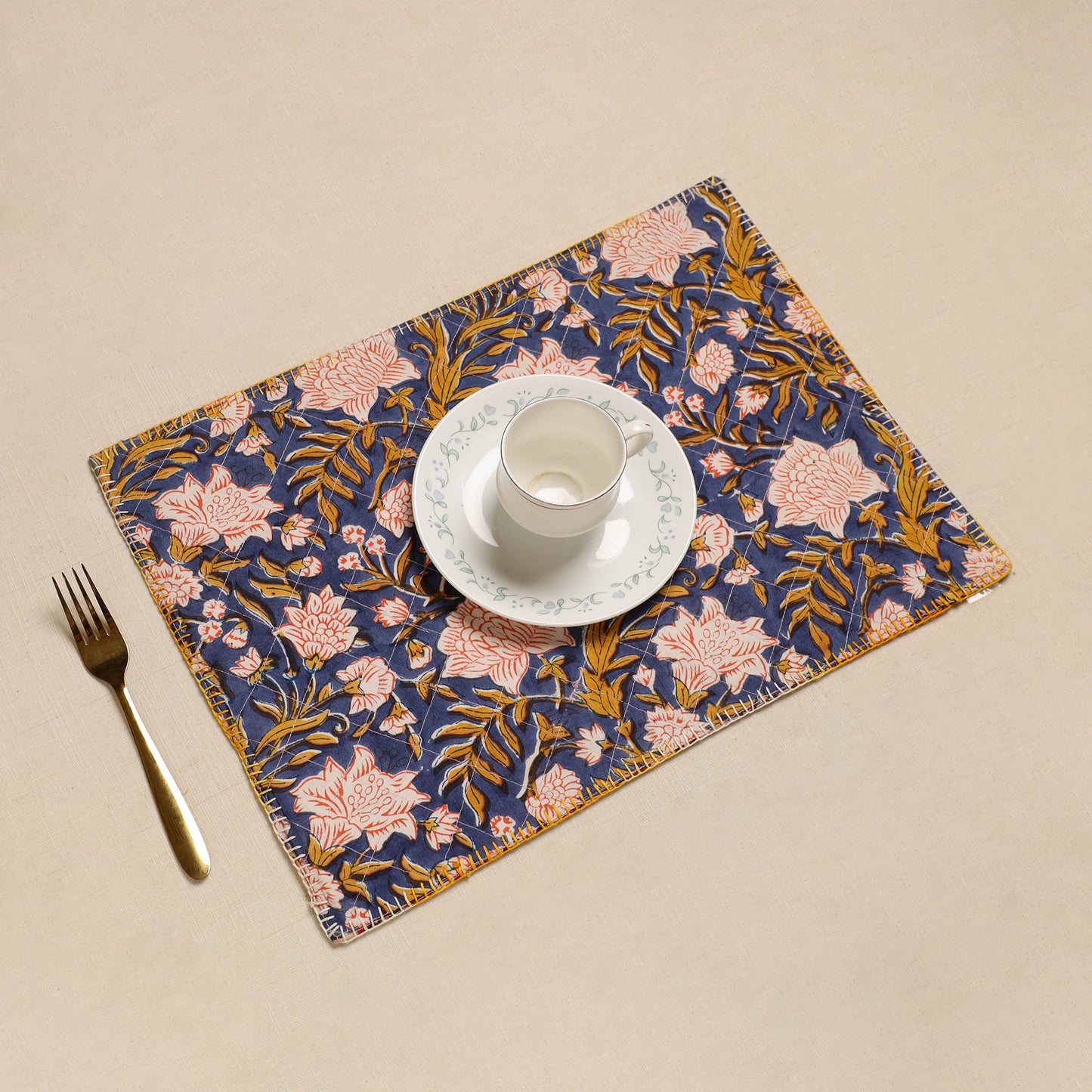  Hand Embroidered Floral Cotton Reversible Blue Table Mat