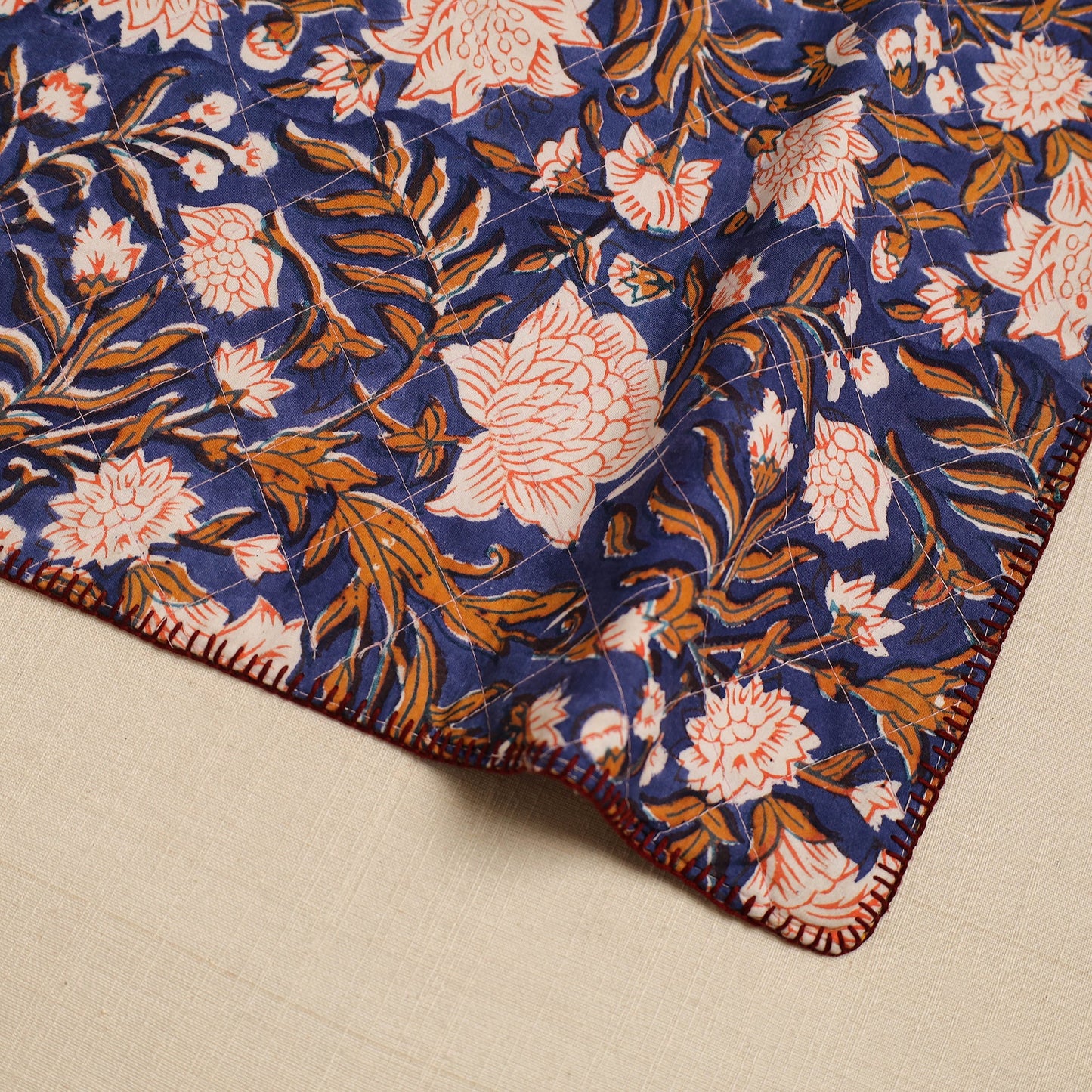  Blue Hand Embroidered Floral Cotton Reversible Table Mat