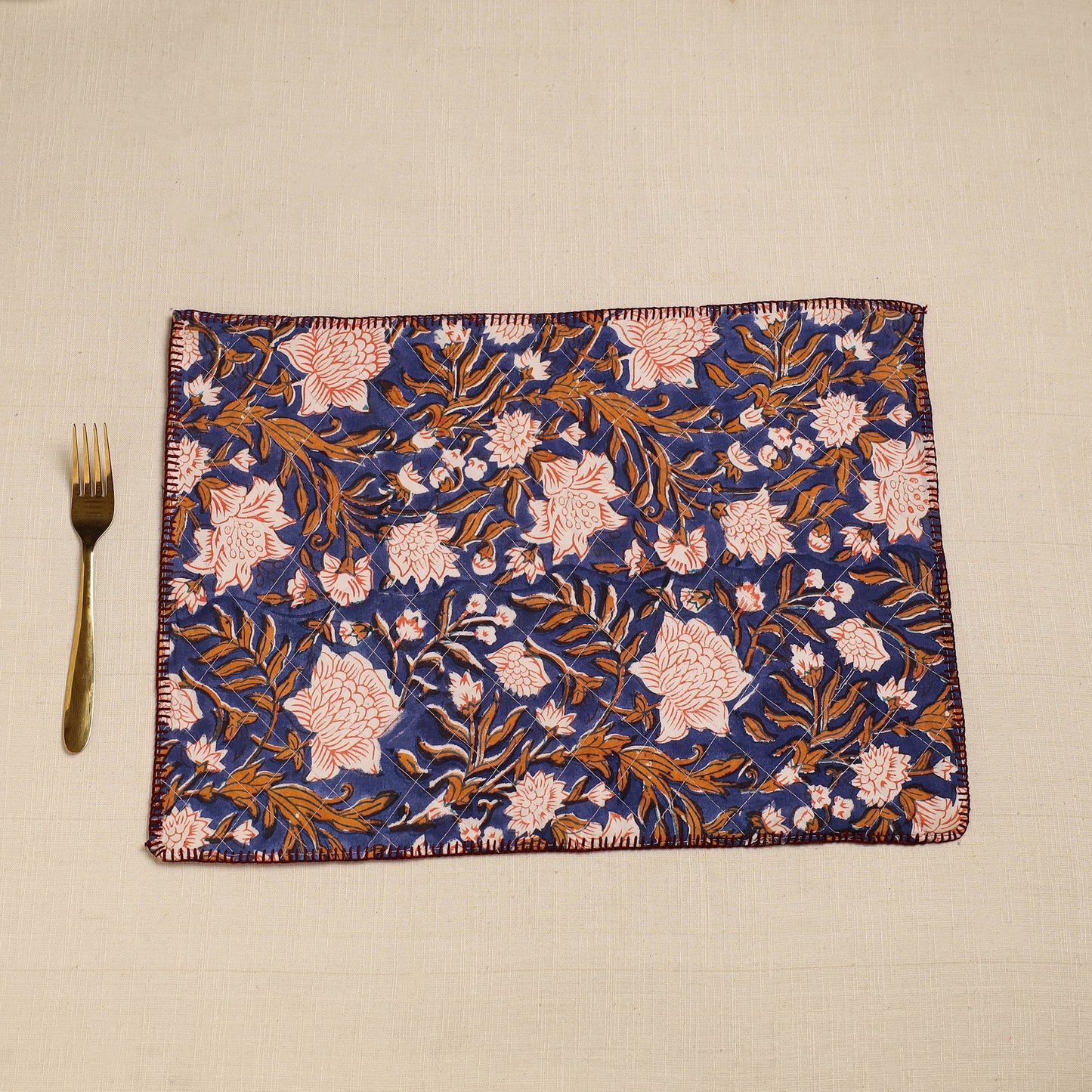  Blue Hand Embroidered Floral Cotton Reversible Table Mat