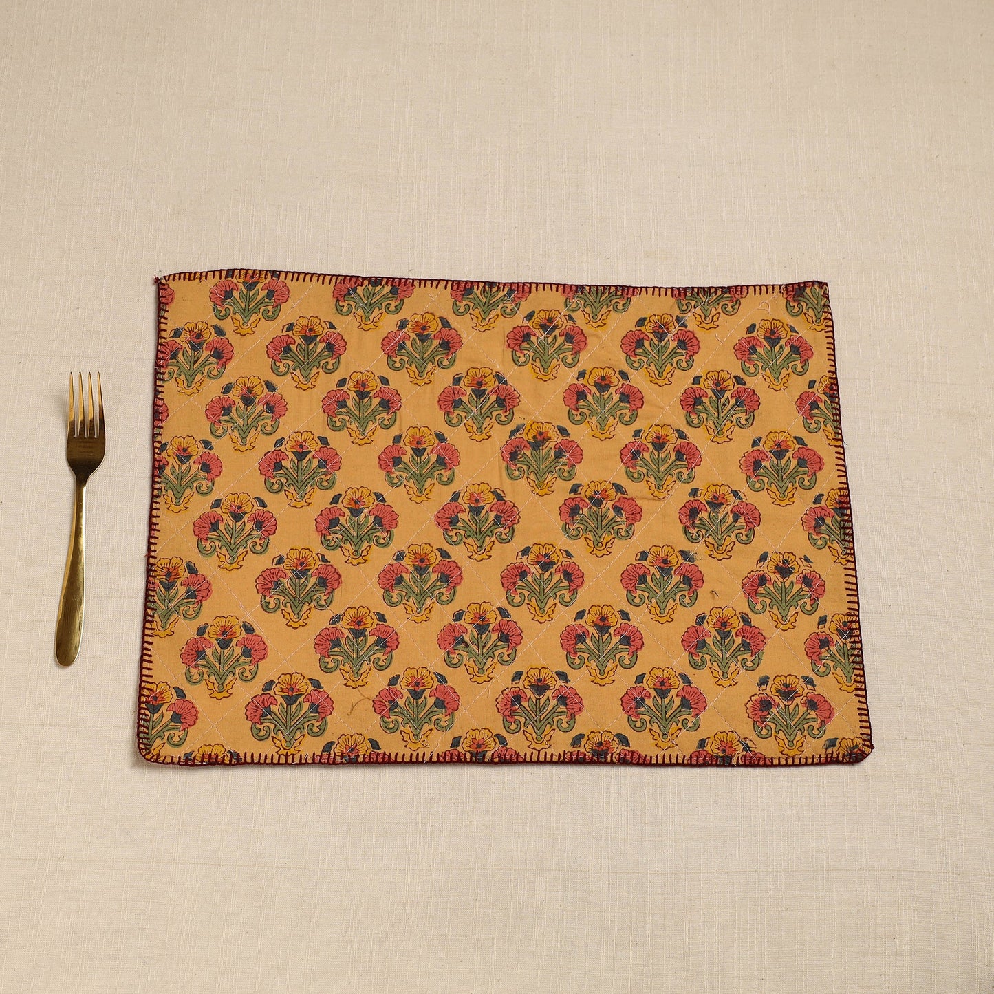  Blue Hand Embroidered Floral Cotton Reversible Table Mat