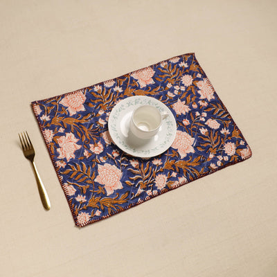  Blue Hand Embroidered Floral Cotton Reversible Table Mat