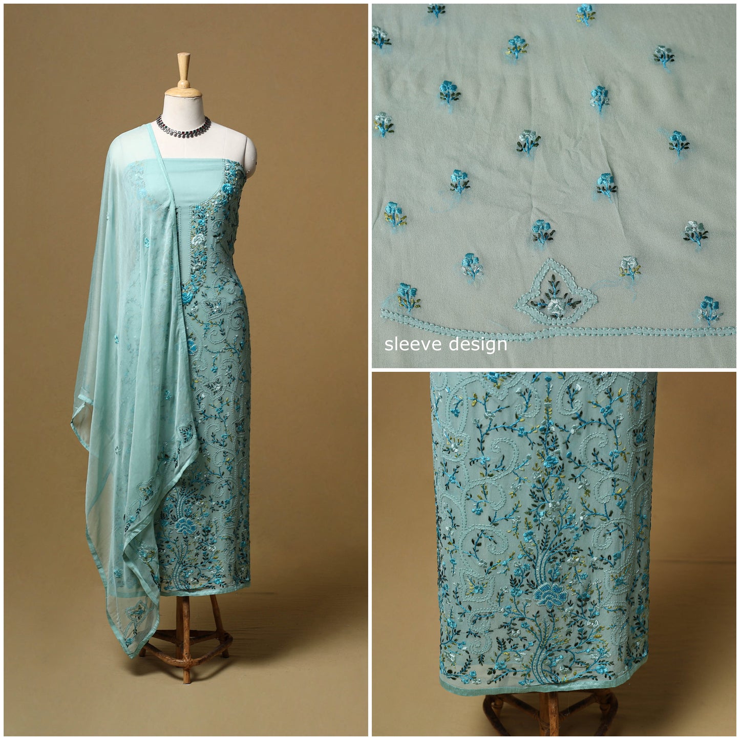 Hand embroidered georgette 3pc unstitched dress material 08