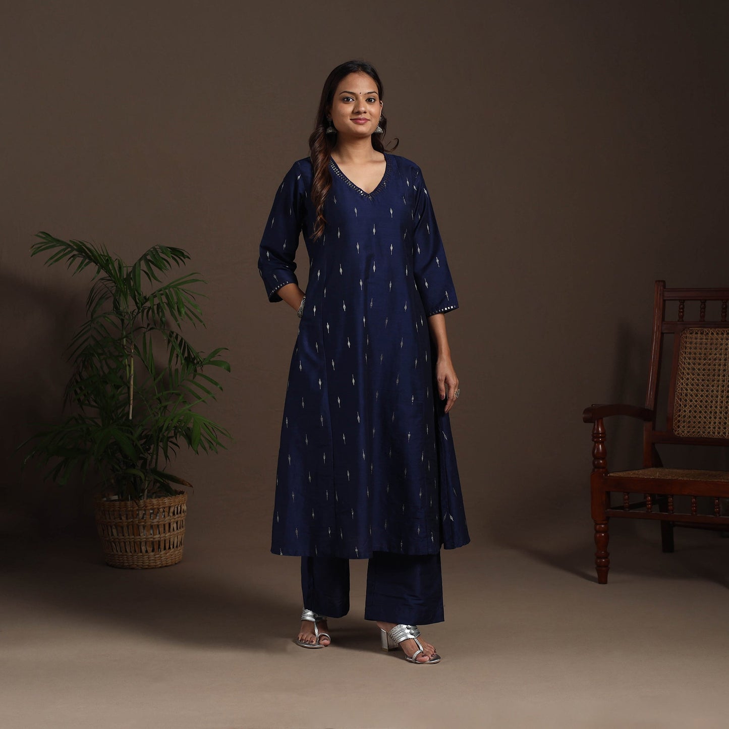 Blue - hand embroidered a-line buti work spun dupion silk