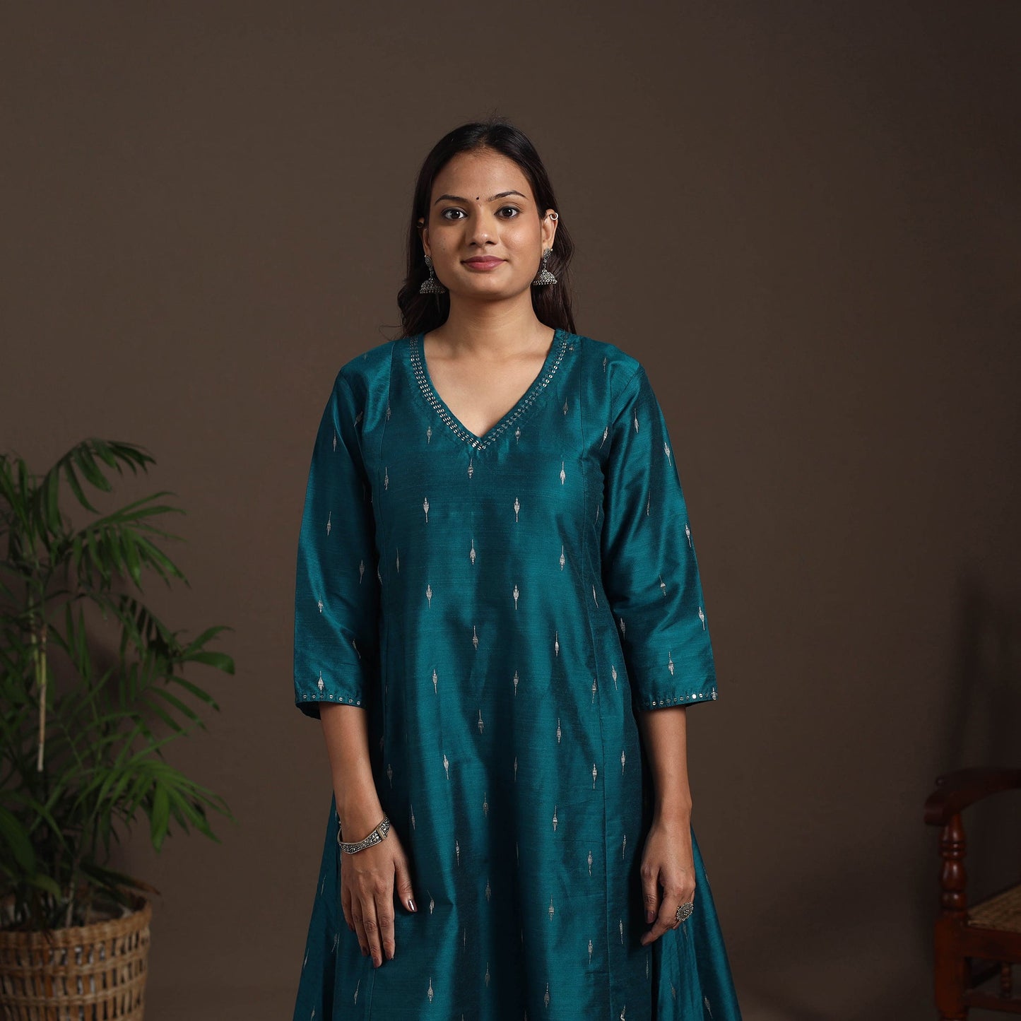 Blue - hand embroidered a-line buti work spun dupion silk