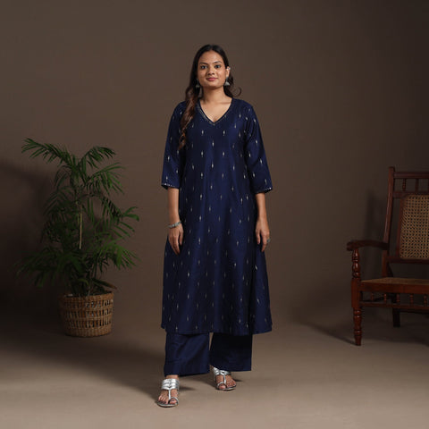 Blue - hand embroidered a-line buti work spun dupion silk