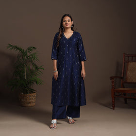 Blue - hand embroidered a-line buti work spun dupion silk