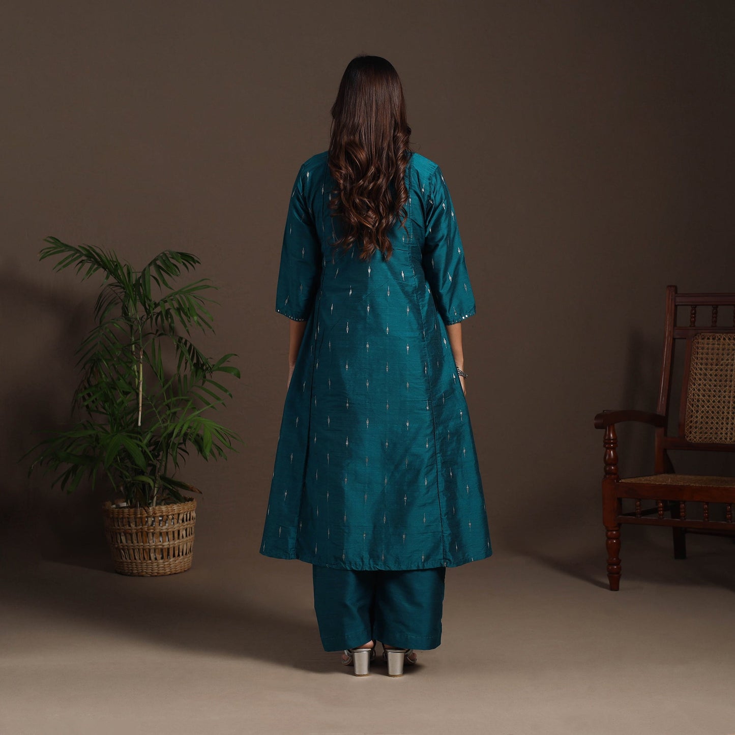 Blue - hand embroidered a-line buti work spun dupion silk