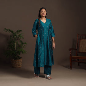 Blue - hand embroidered a-line buti work spun dupion silk