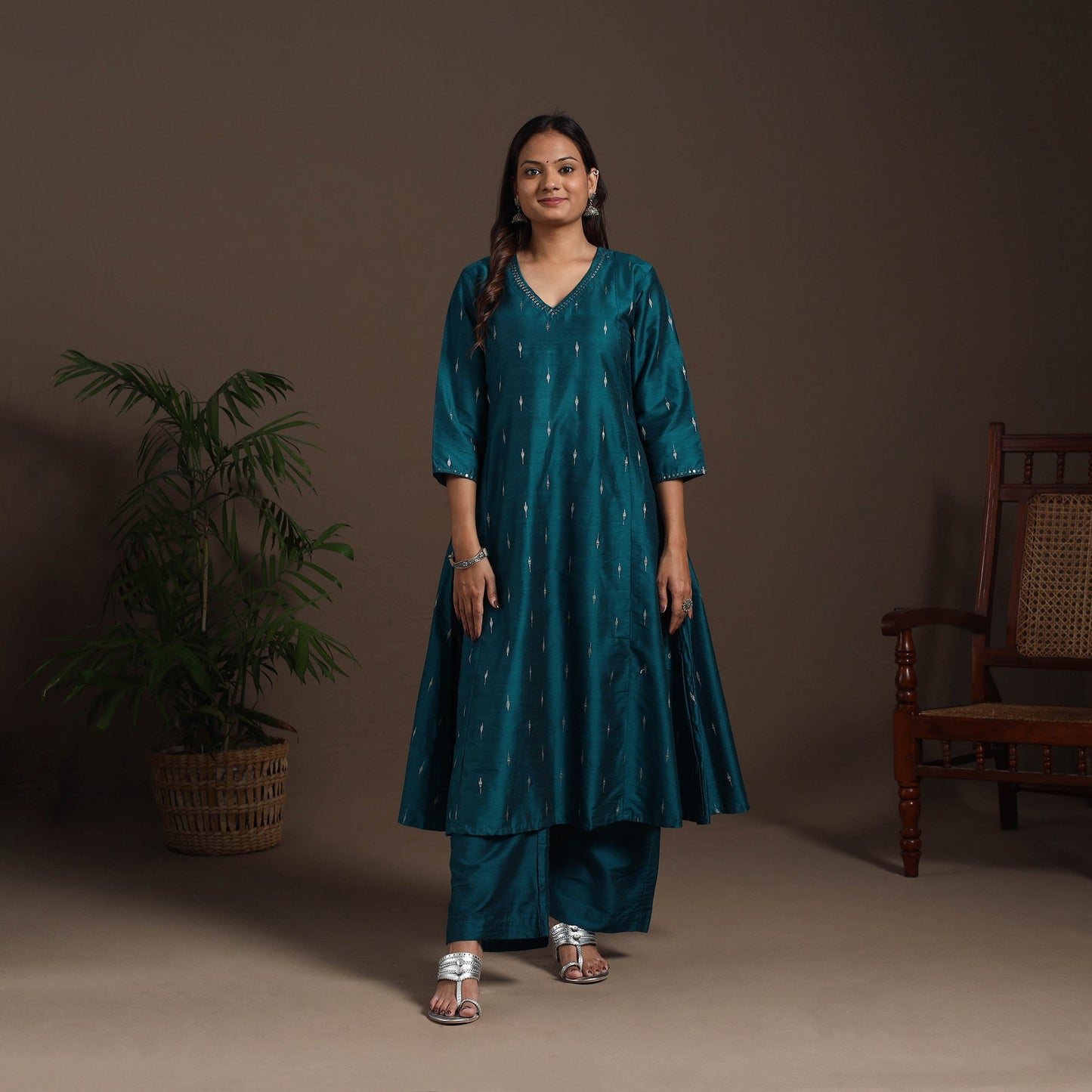 Blue - hand embroidered a-line buti work spun dupion silk